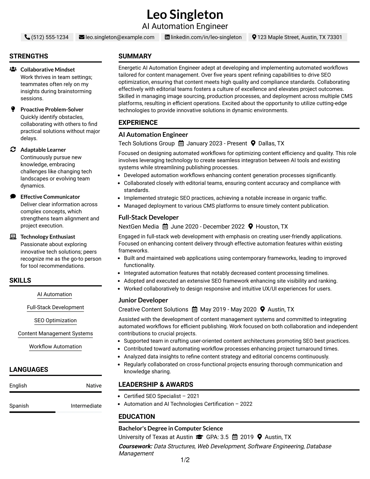 Resume Example Page 1