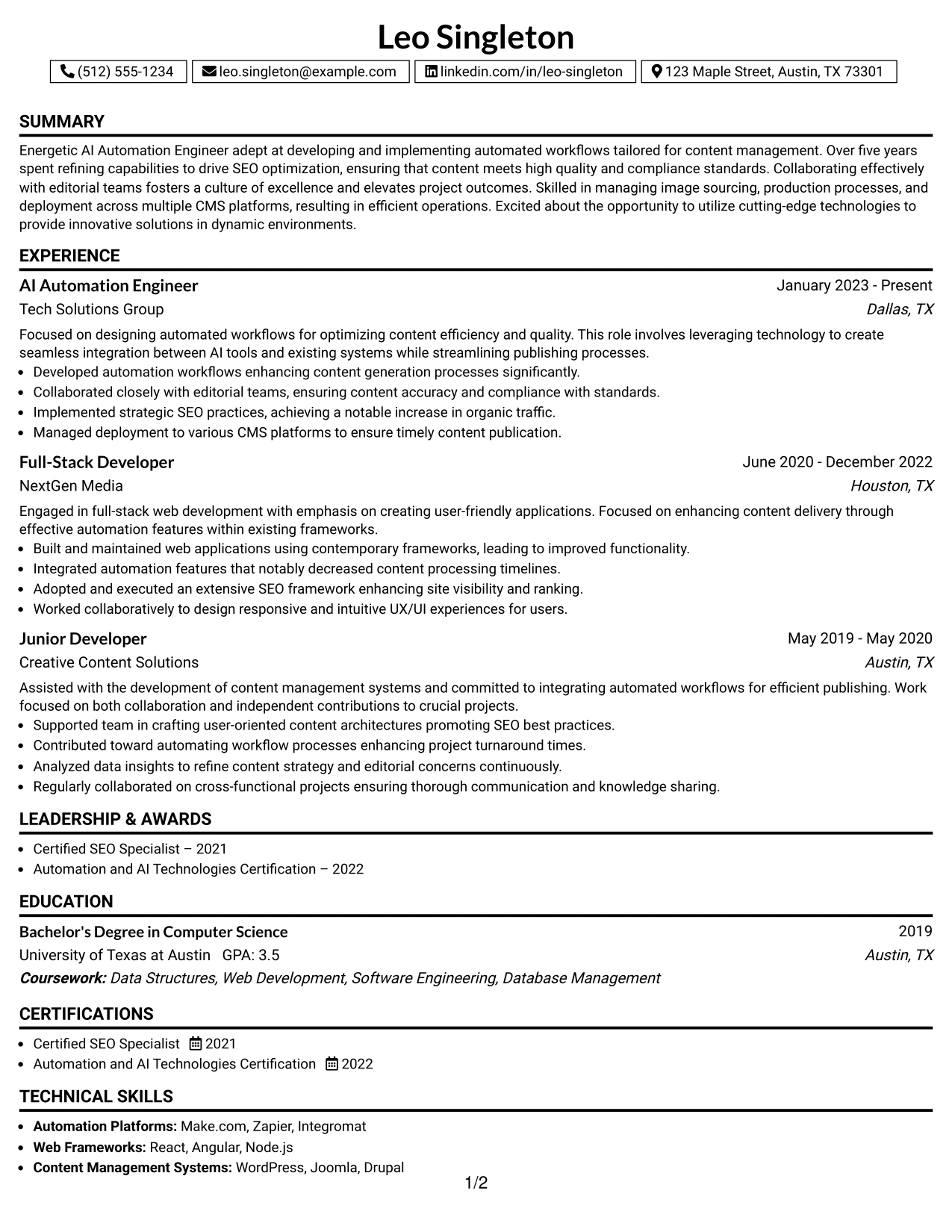 Resume Example Page 1