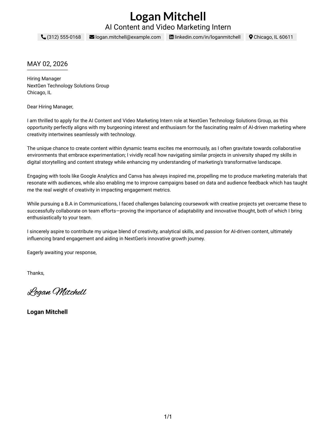 AI Content and Video Marketing Intern Cover Letter Example