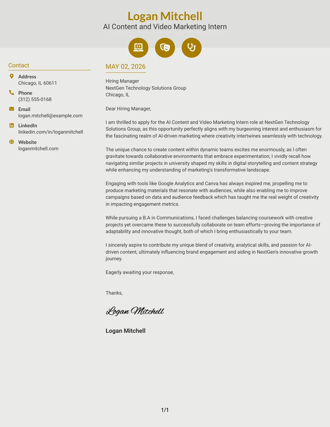 AI Content and Video Marketing Intern Cover Letter Example Modern Icon Format