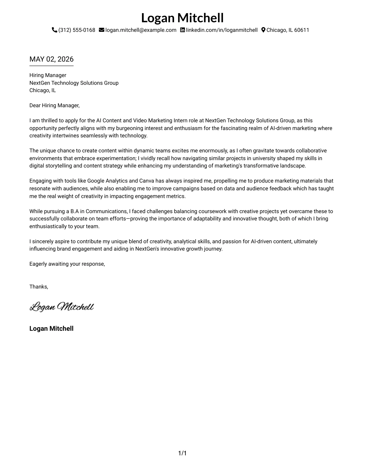 AI Content and Video Marketing Intern Cover Letter Example Minimal Header Format