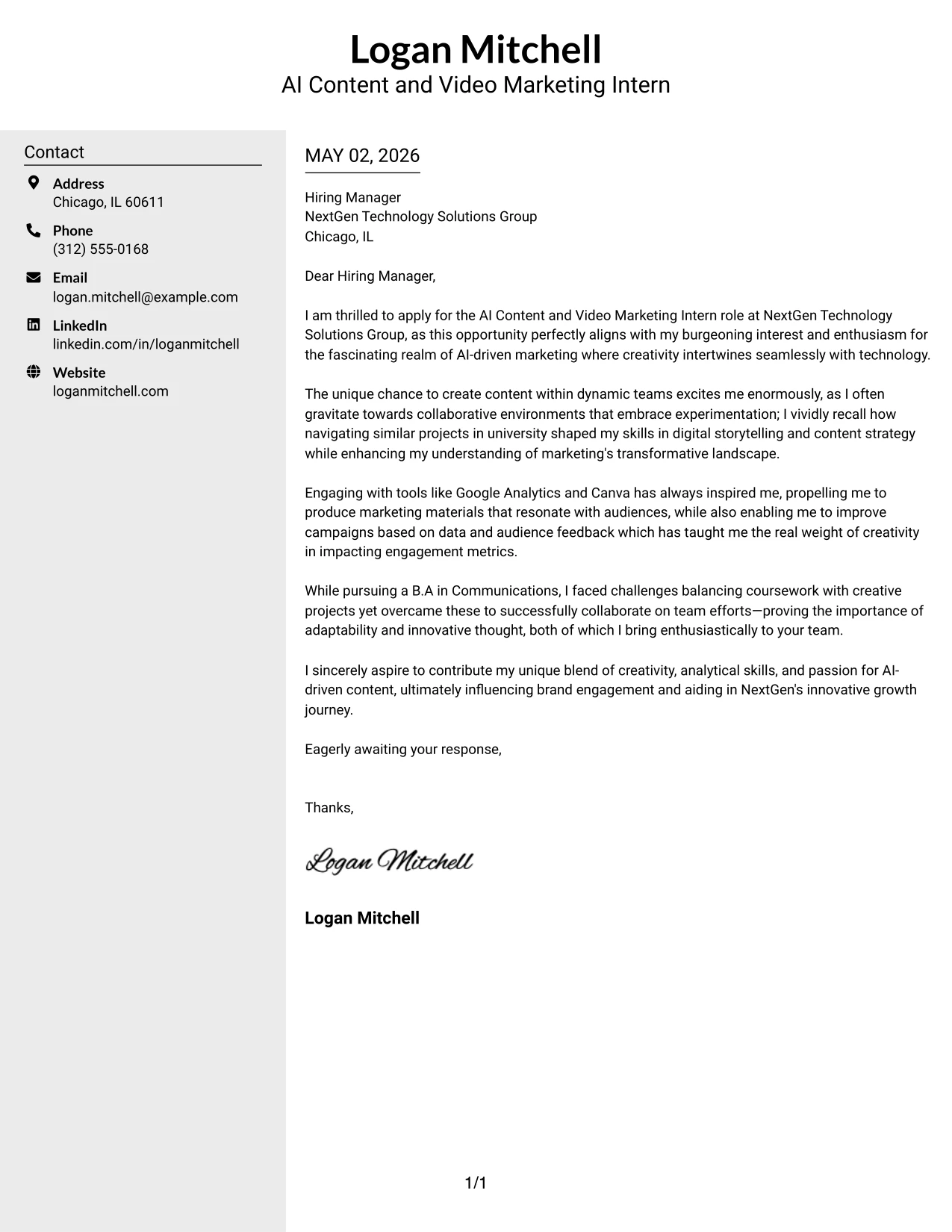 AI Content and Video Marketing Intern Cover Letter Example Clean Two Column Sidebar Format