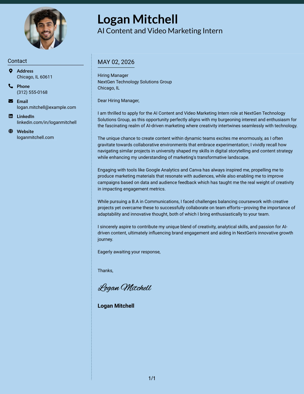 AI Content and Video Marketing Intern Cover Letter Example Modern Full Background Two Column Format
