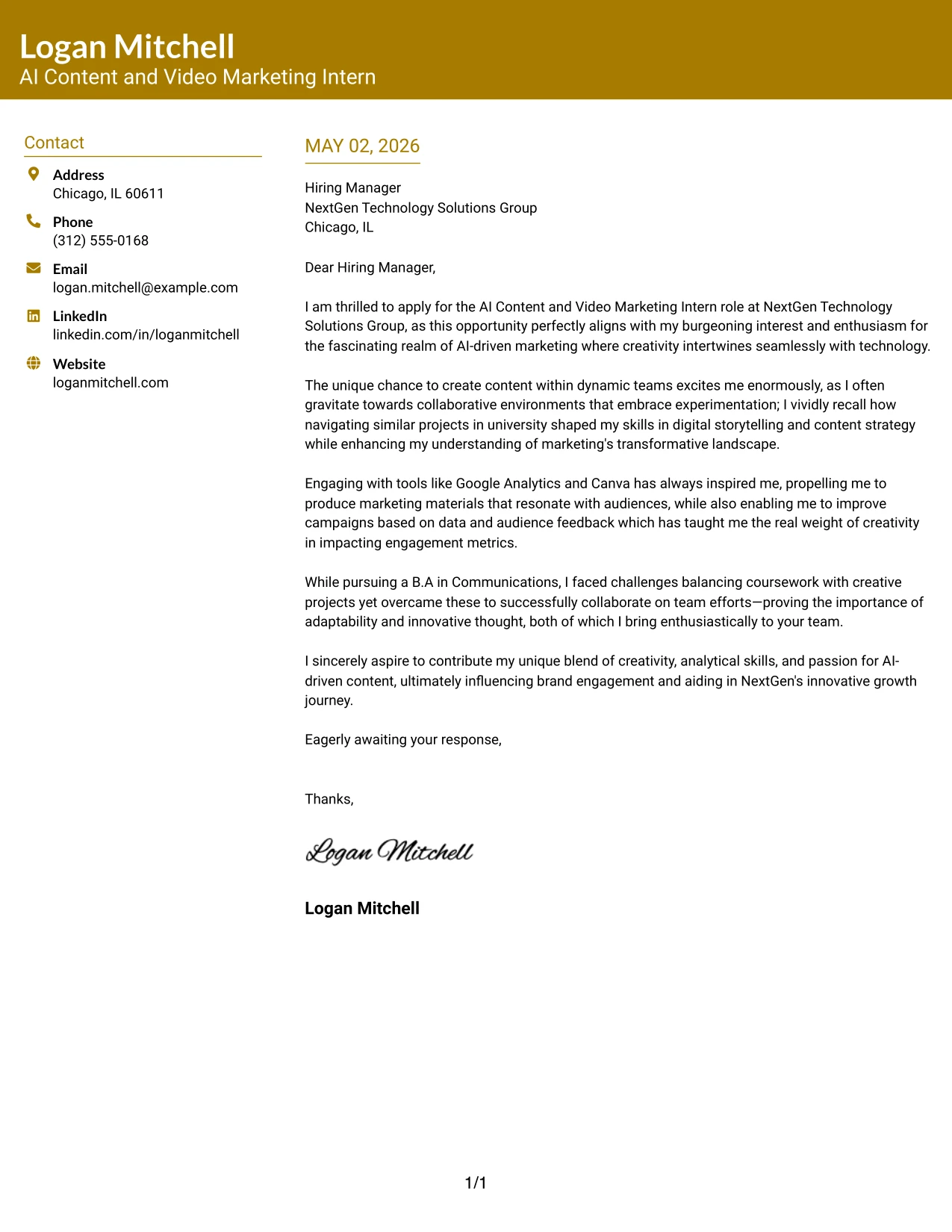 AI Content and Video Marketing Intern Cover Letter Example Bold Color Header Professional Format