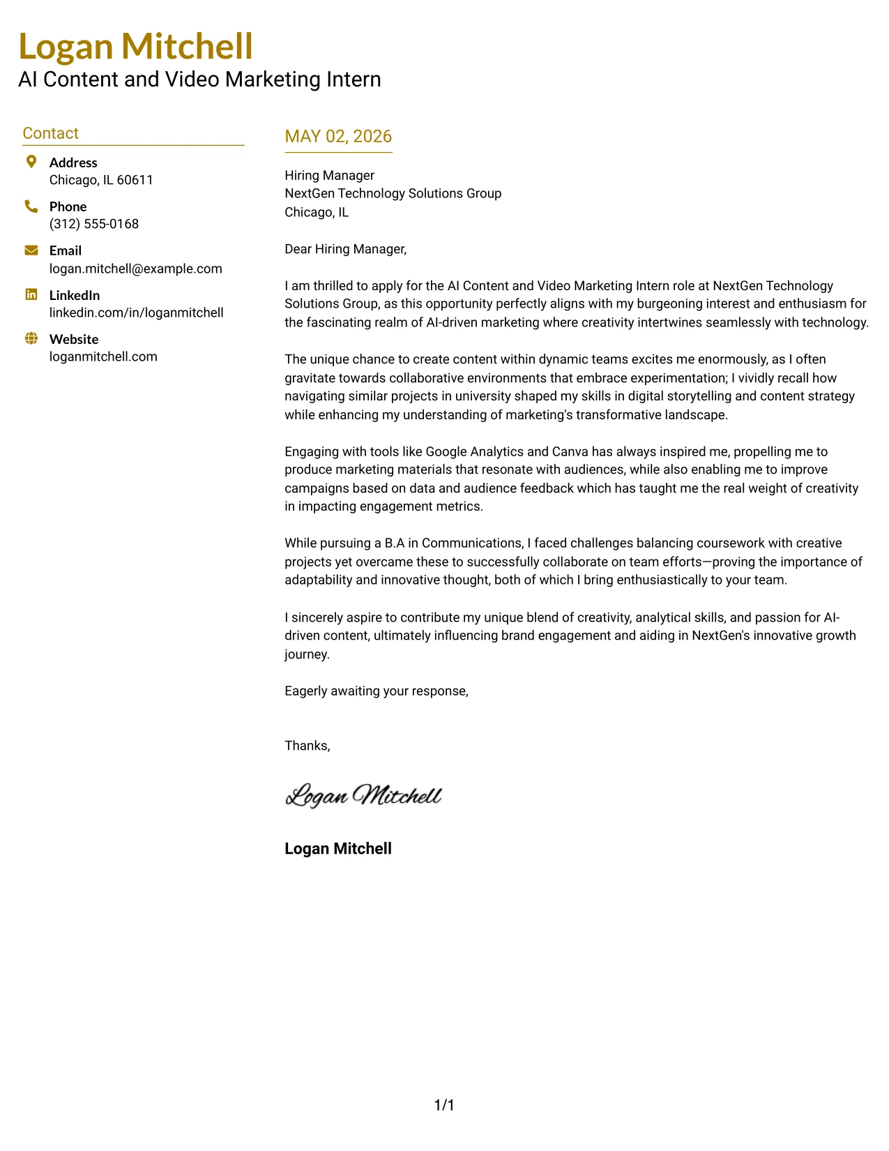 AI Content and Video Marketing Intern Cover Letter Example Top Left Header Color Accent Format