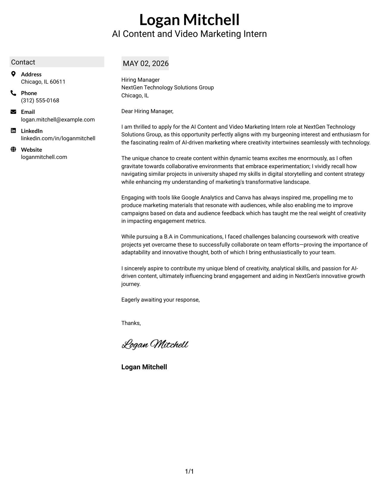 AI Content and Video Marketing Intern Cover Letter Example Shaded Labels Clean Two Column Format