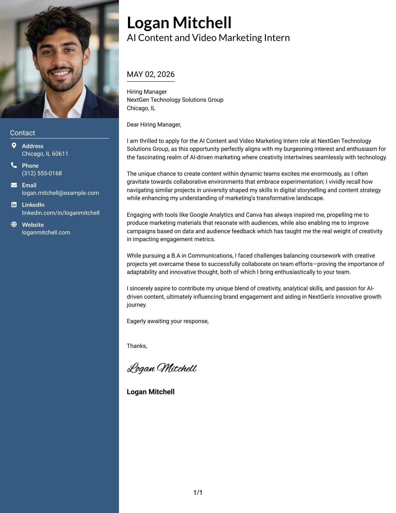 AI Content and Video Marketing Intern Cover Letter Example with Photo Header