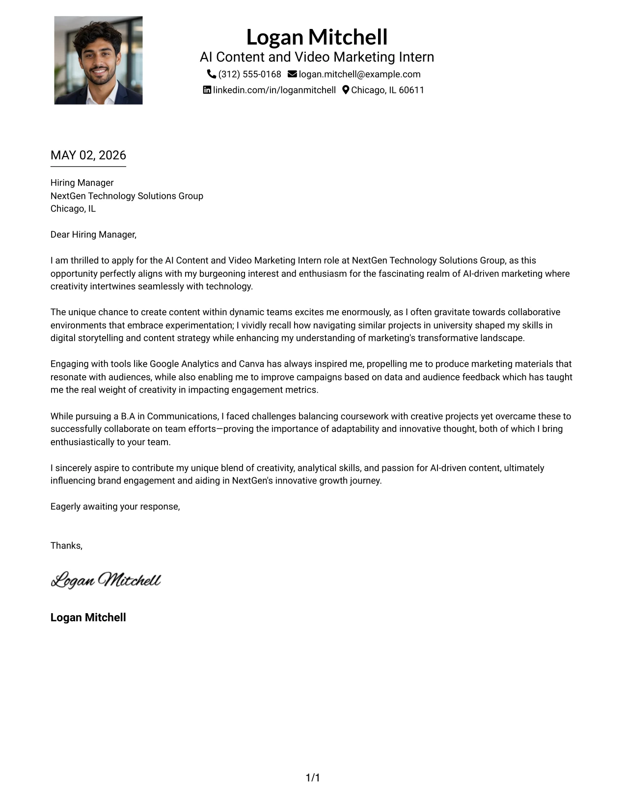 AI Content and Video Marketing Intern Cover Letter Example One Column Format with Photo