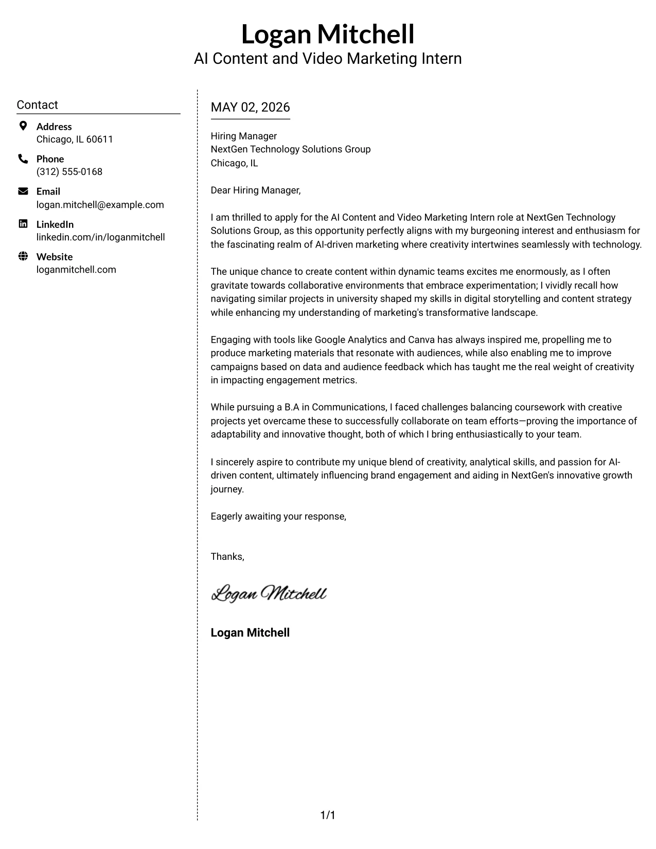 AI Content and Video Marketing Intern Cover Letter Example Simple Two Column Format