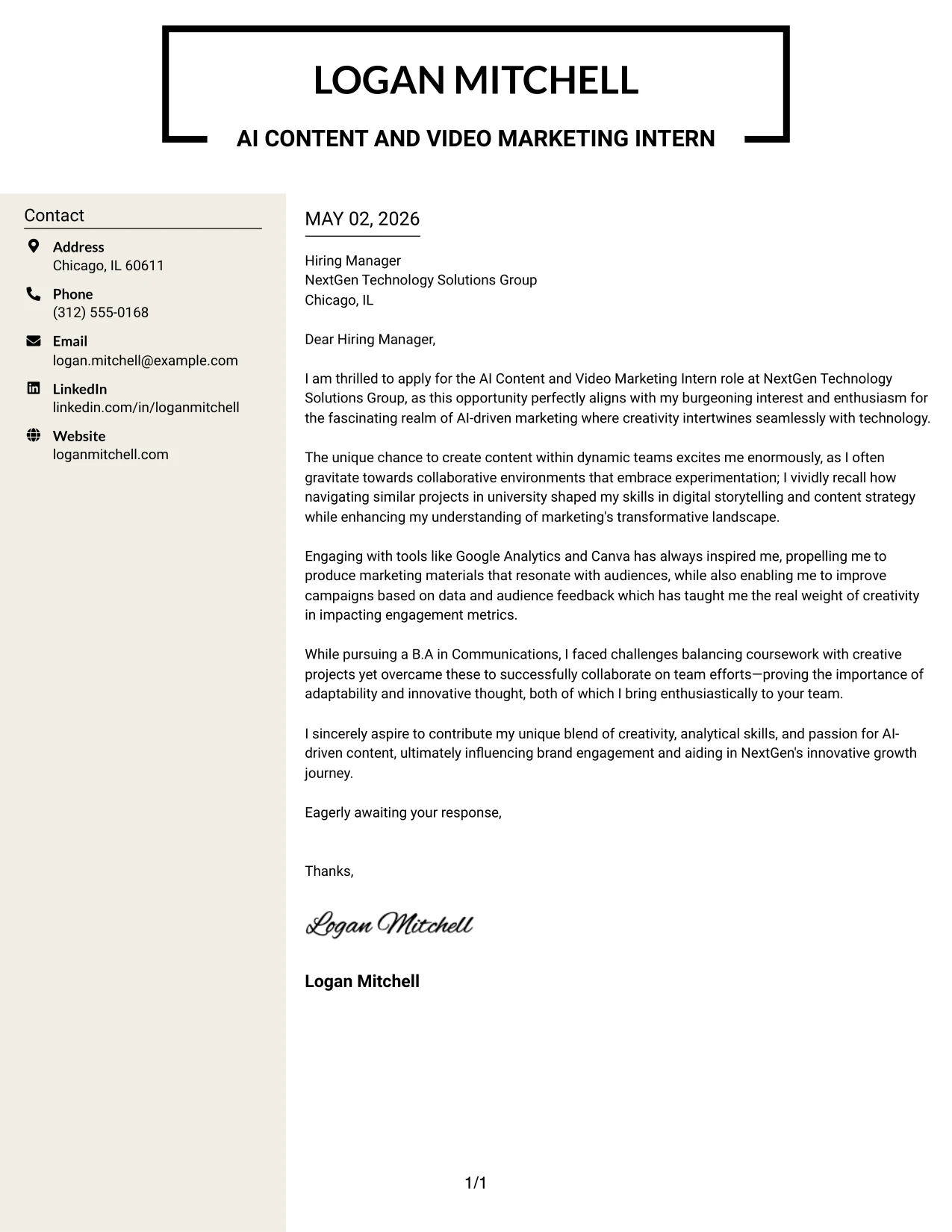 AI Content and Video Marketing Intern Cover Letter Example Stylish Two Column Designer Format