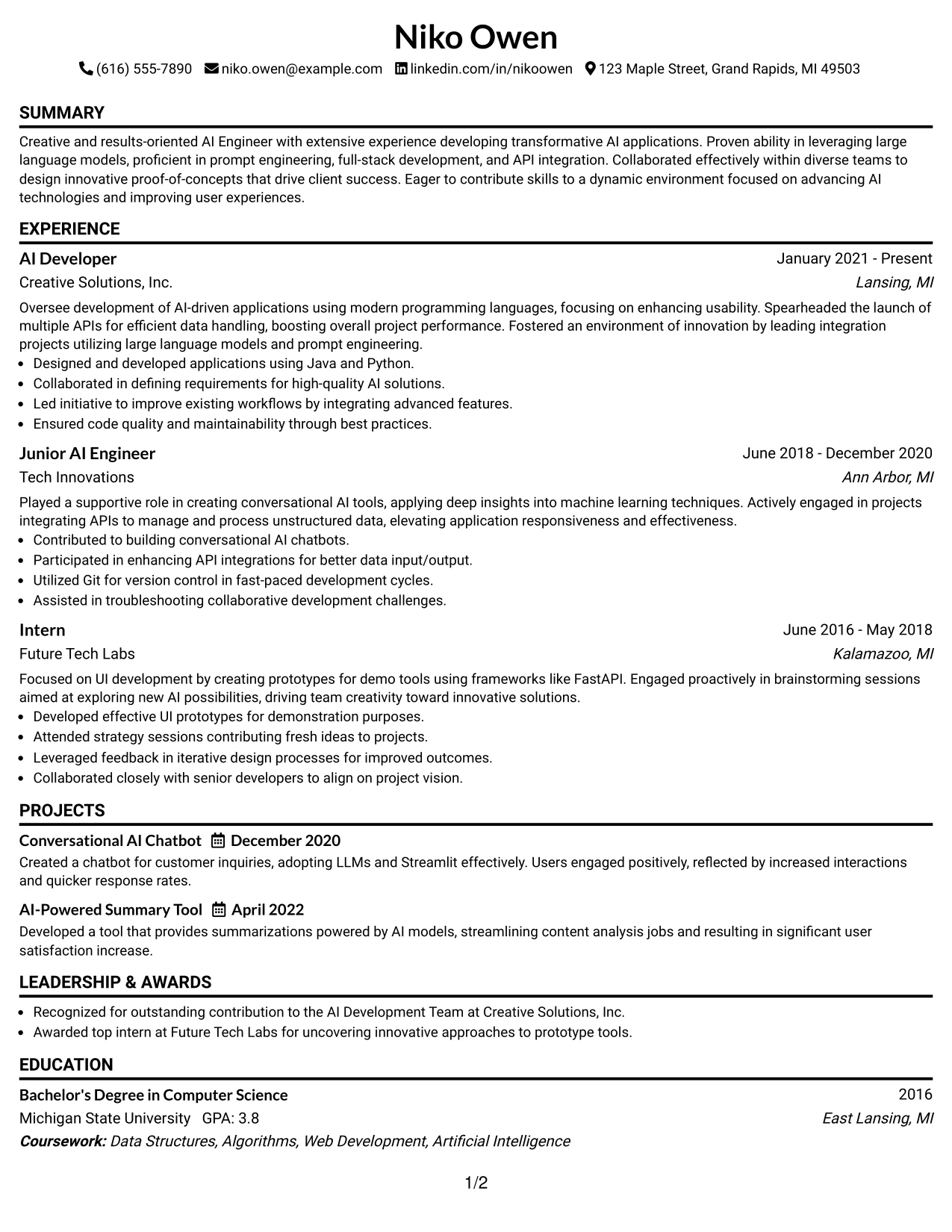 Resume Example Page 1