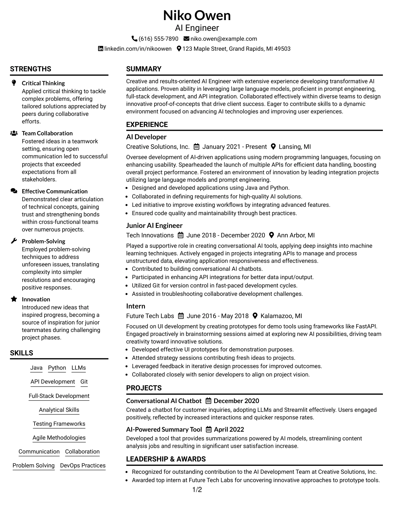Resume Example Page 1
