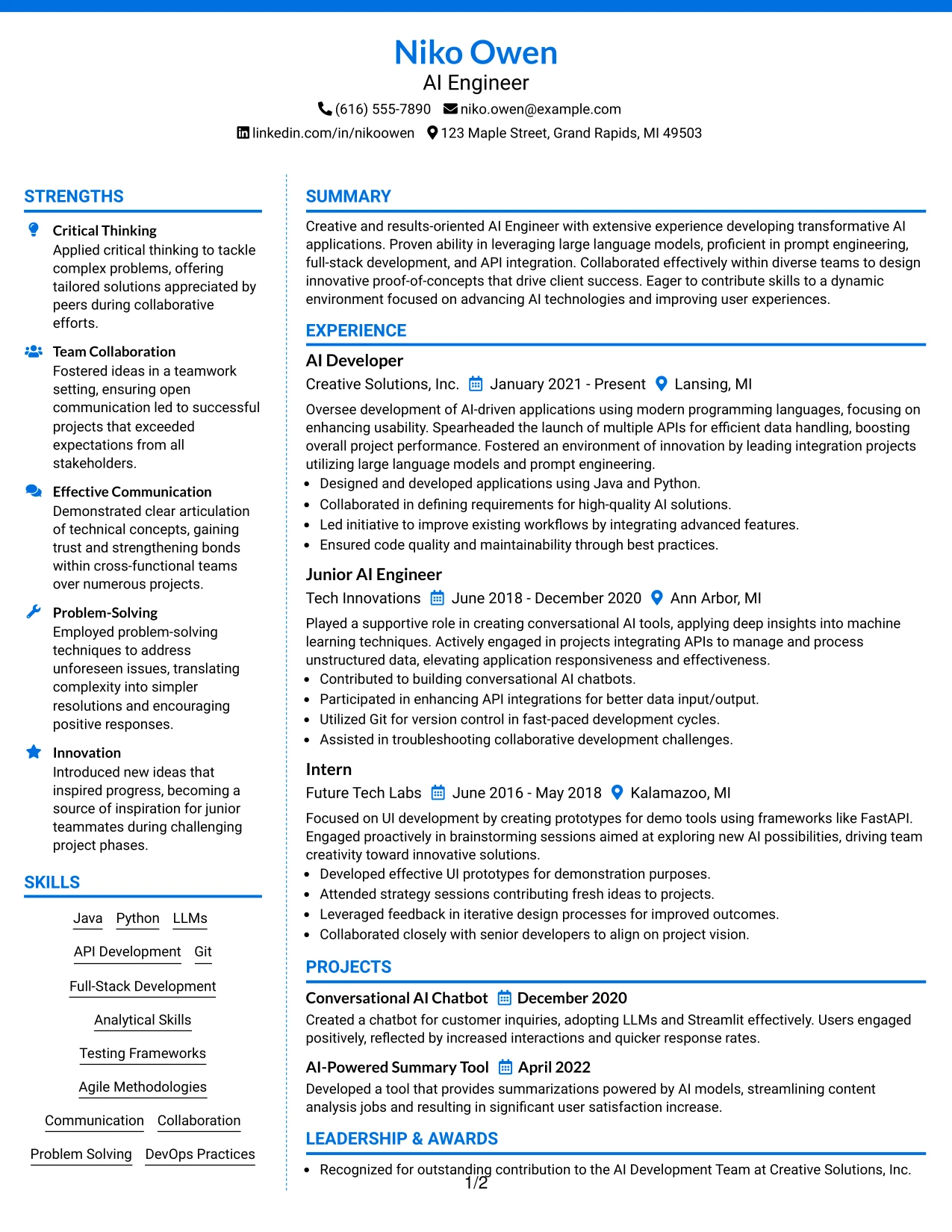 Resume Example Page 1