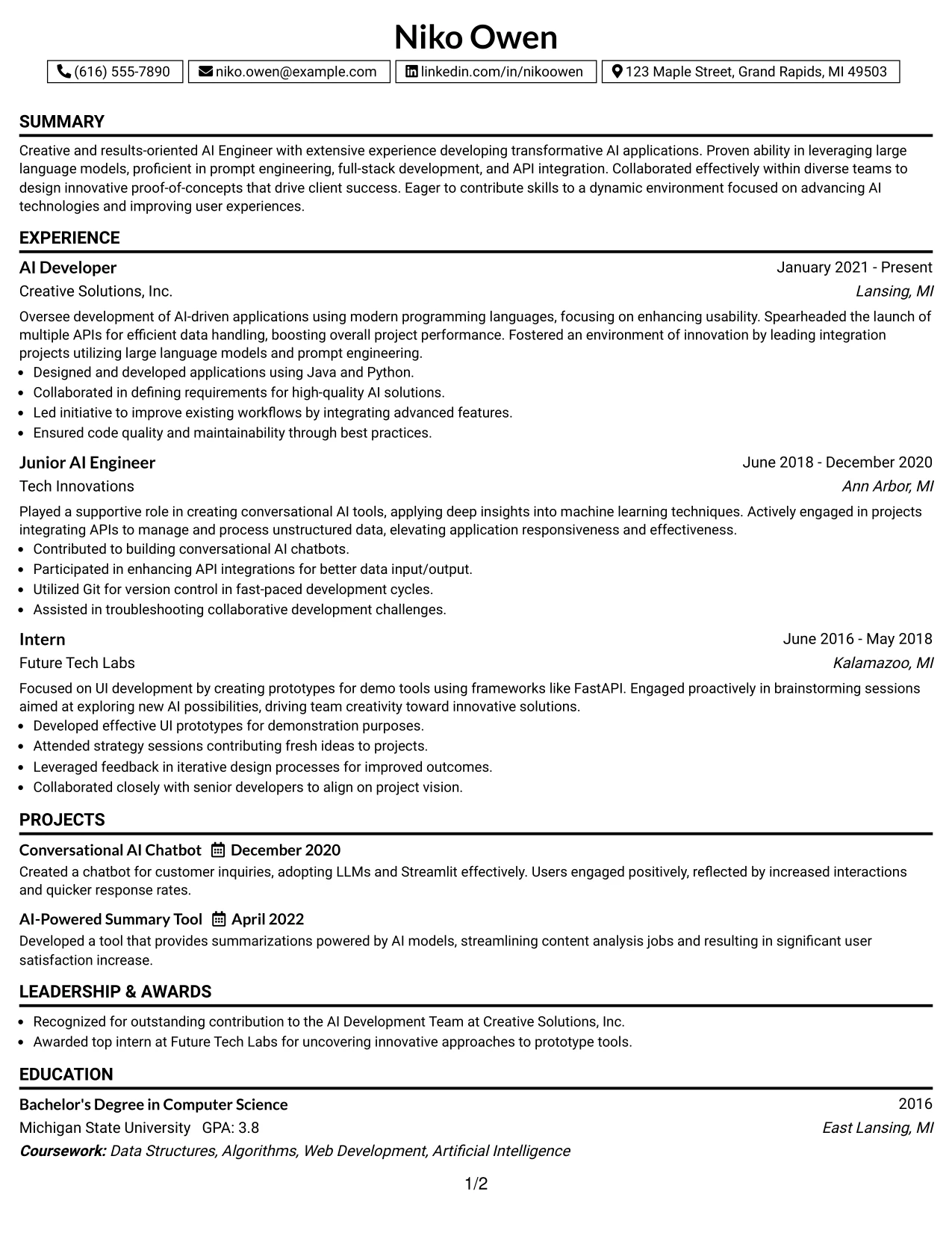 Resume Example Page 1