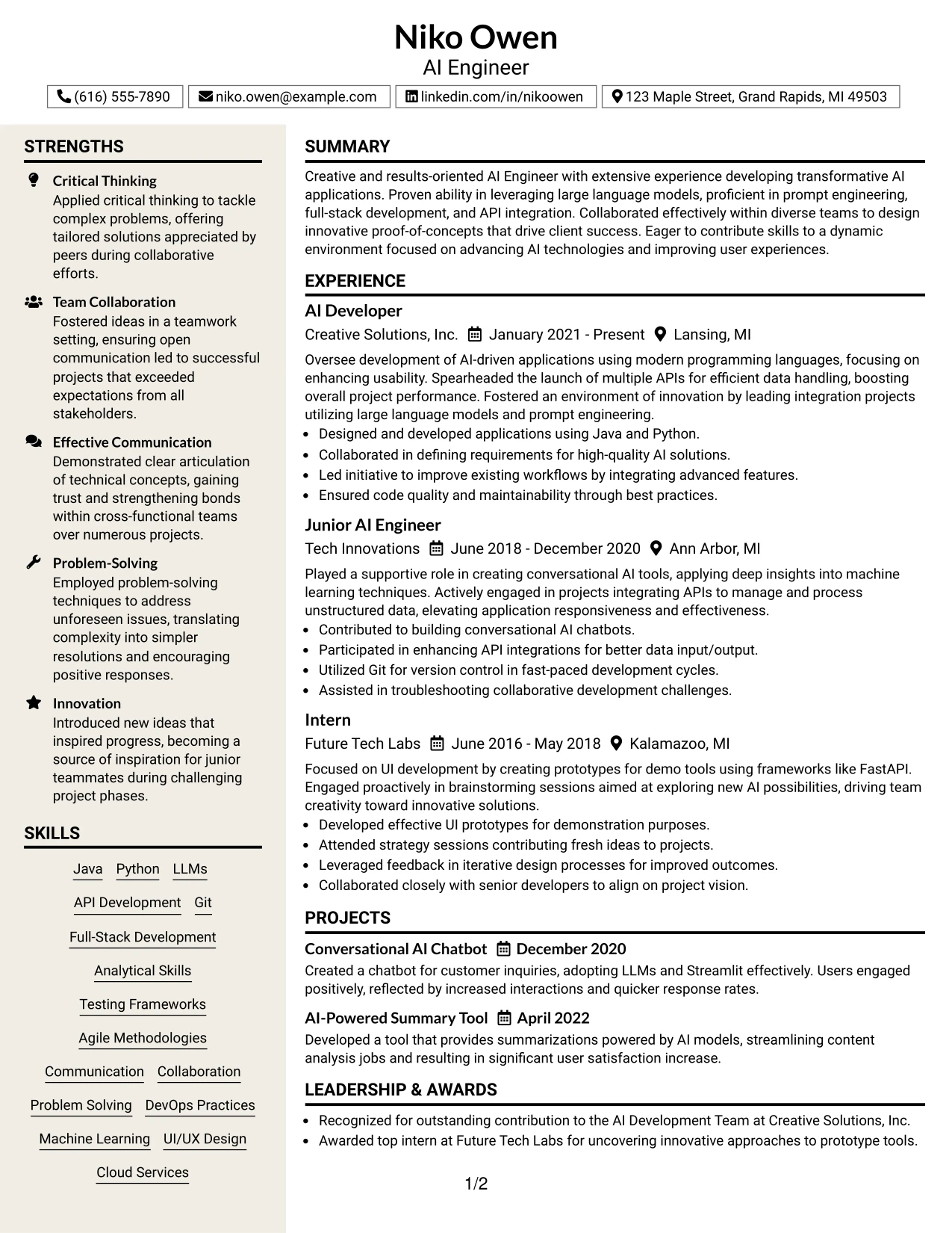 Resume Example Page 1
