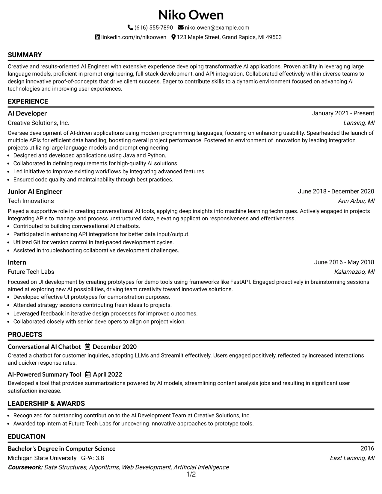 Resume Example Page 1