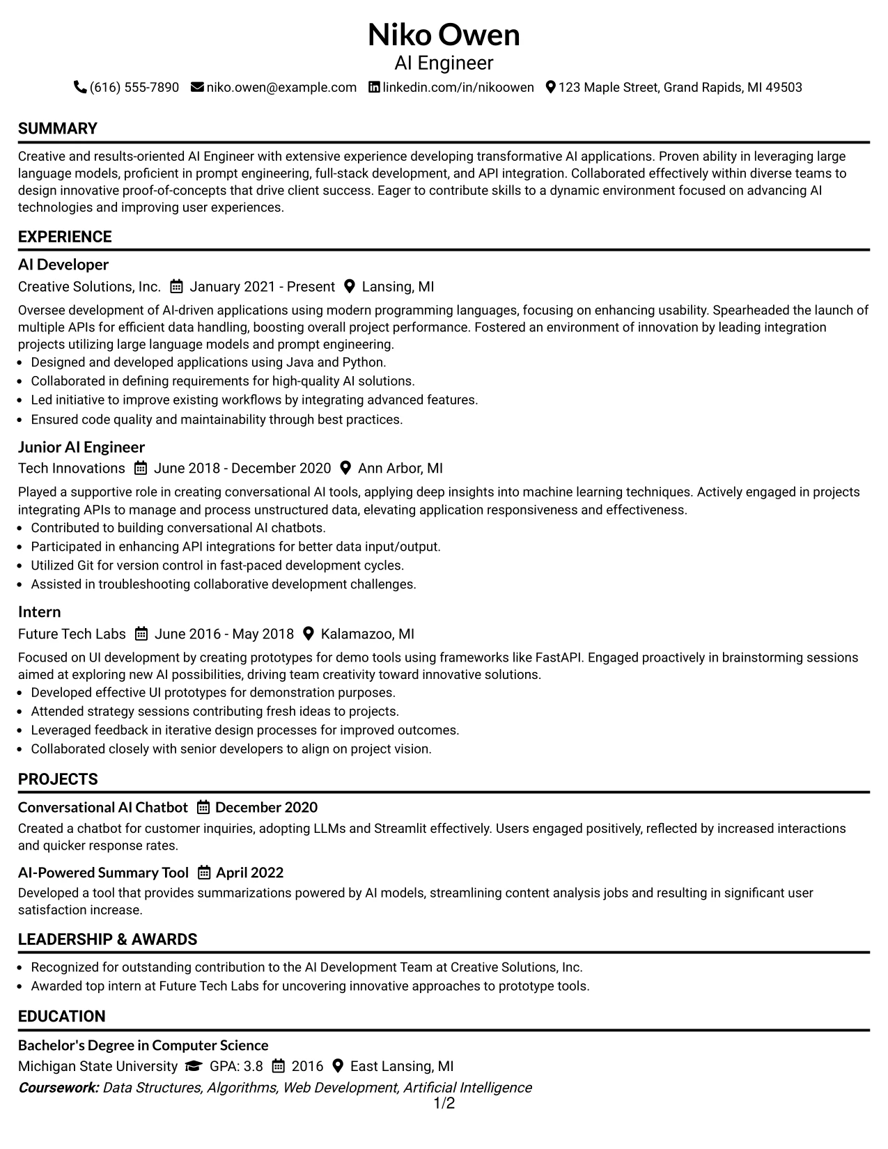 Resume Example Page 1
