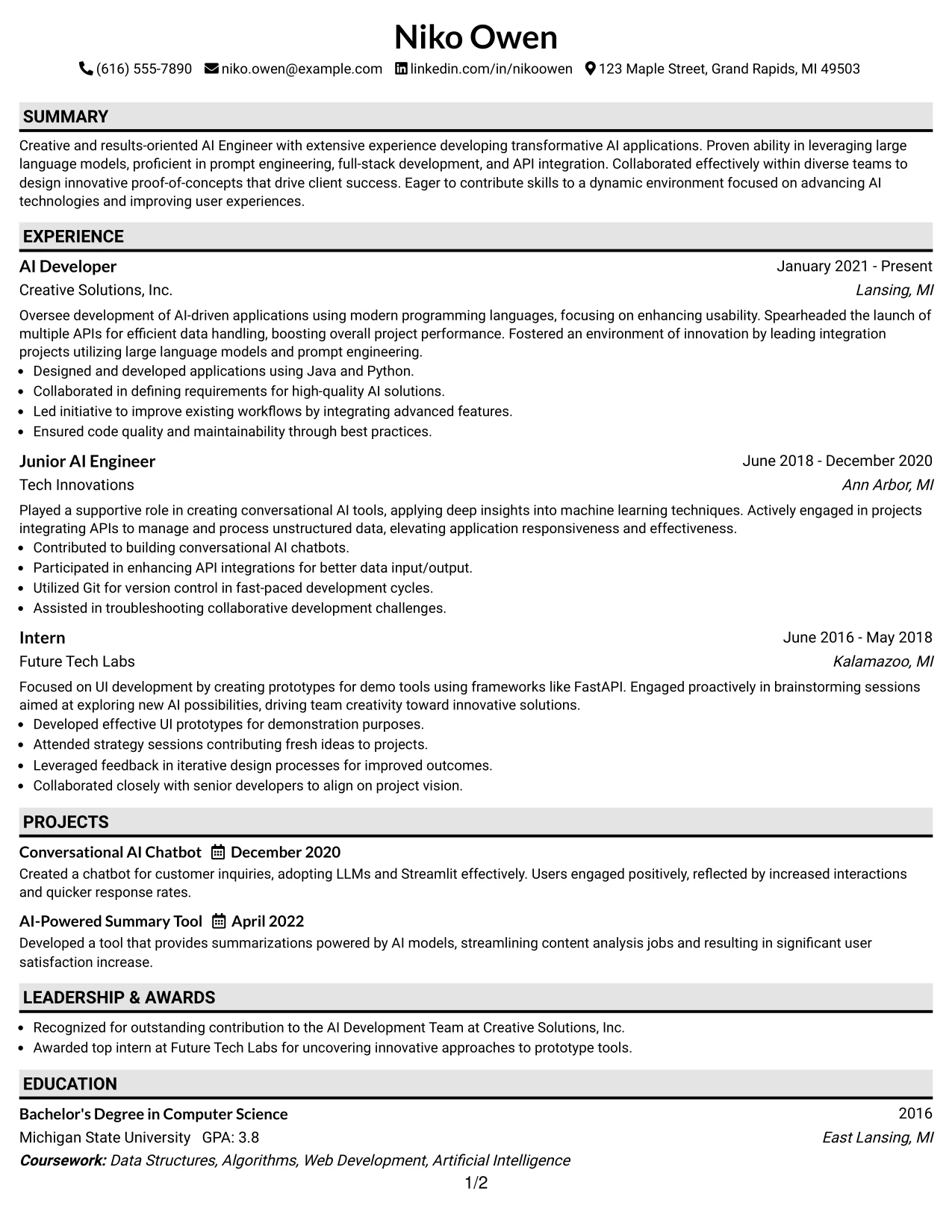 Resume Example Page 1