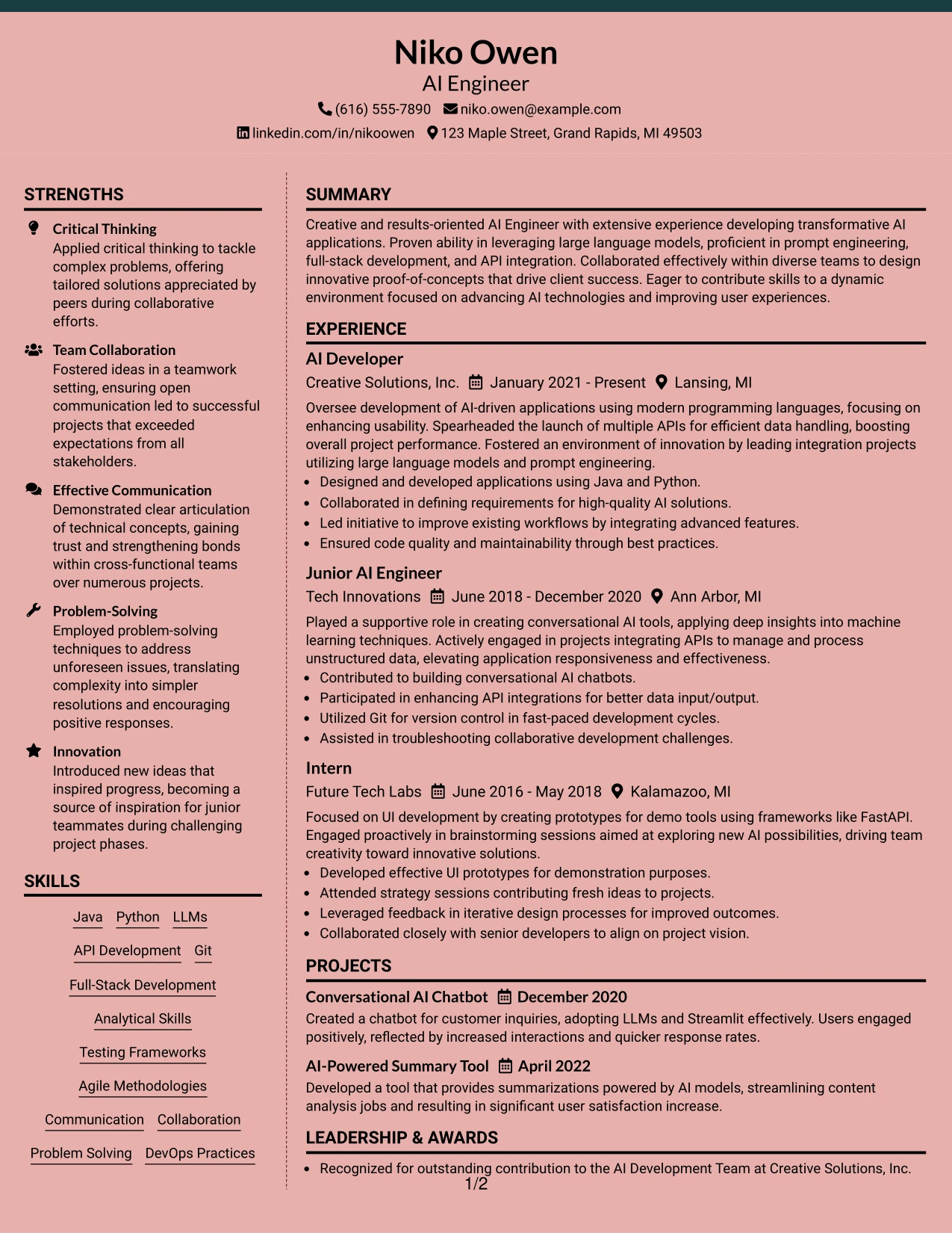 Resume Example Page 1