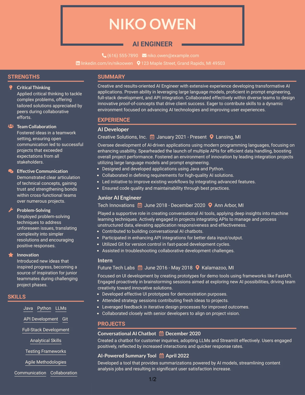 Resume Example Page 1