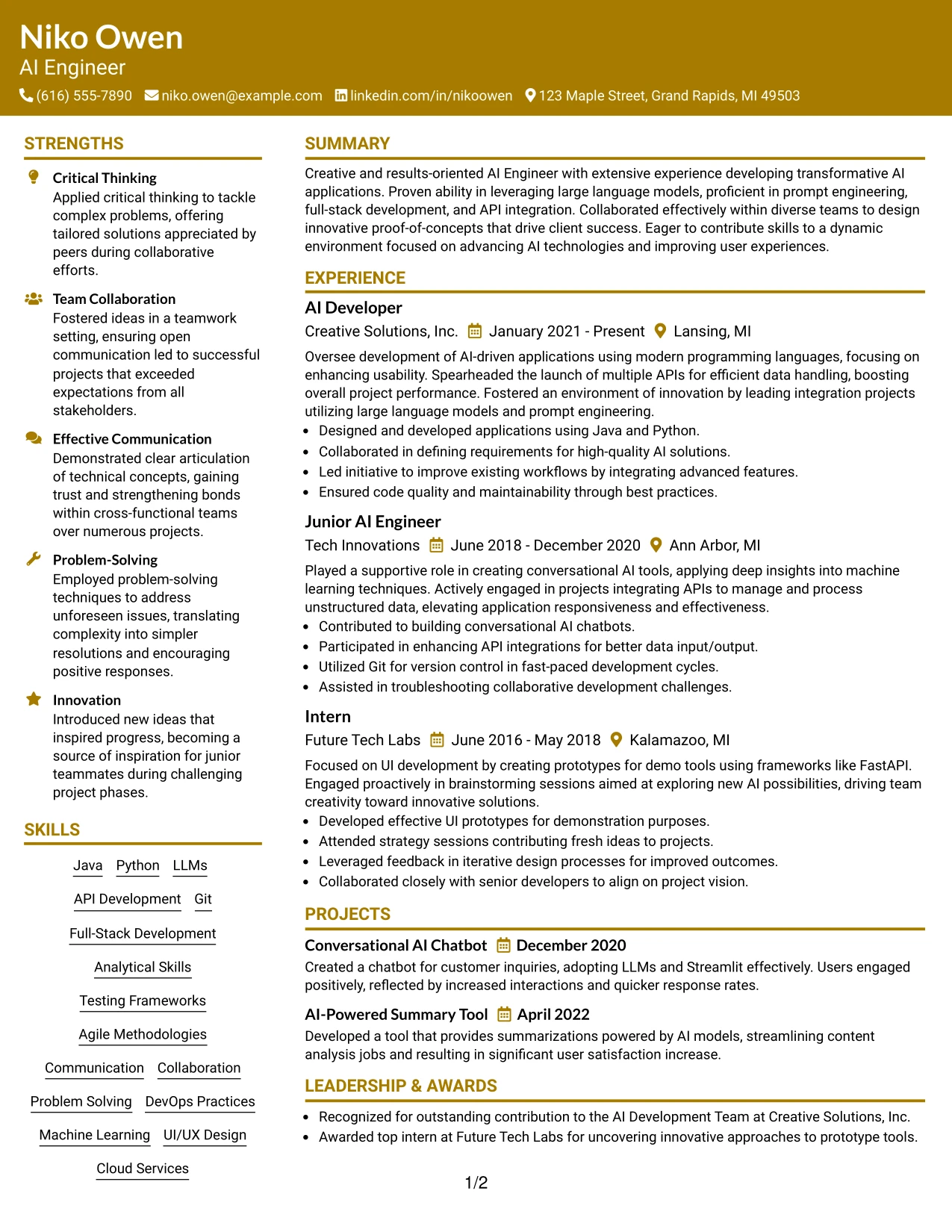 Resume Example Page 1