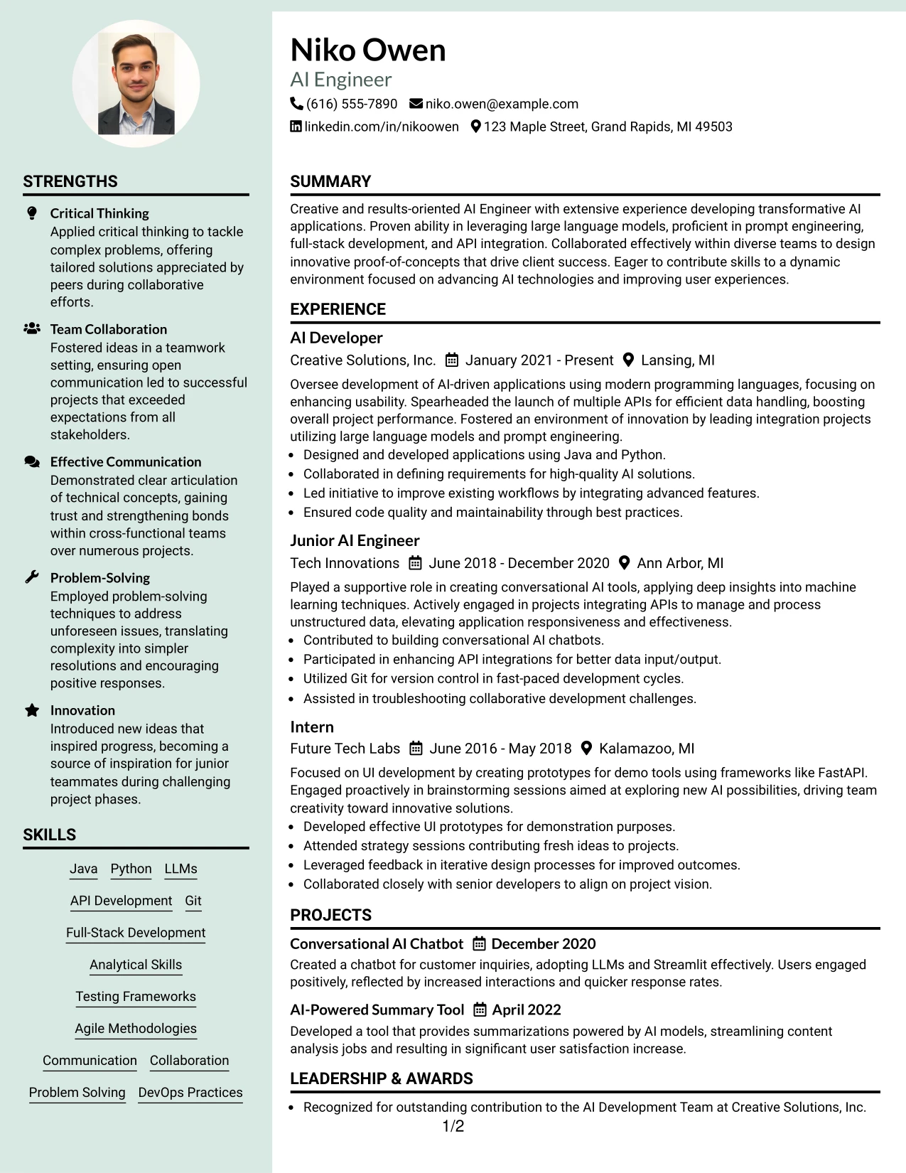 Resume Example Page 1
