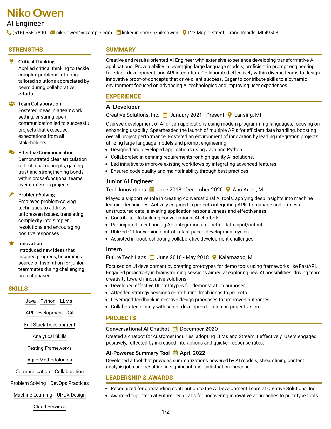 Resume Example Page 1