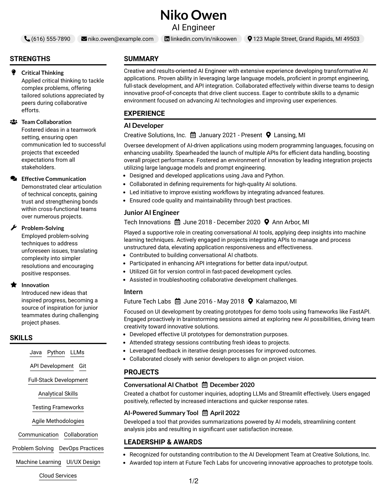 Resume Example Page 1