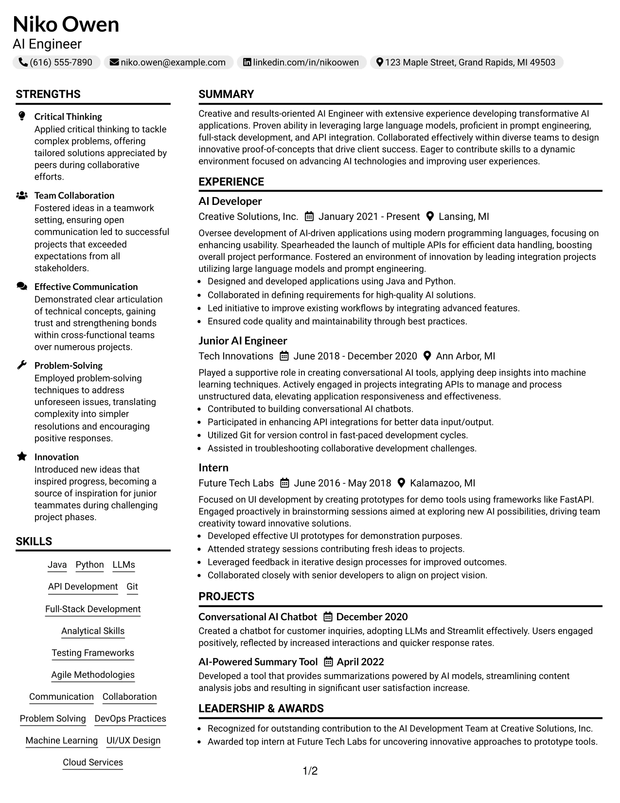 Resume Example Page 1