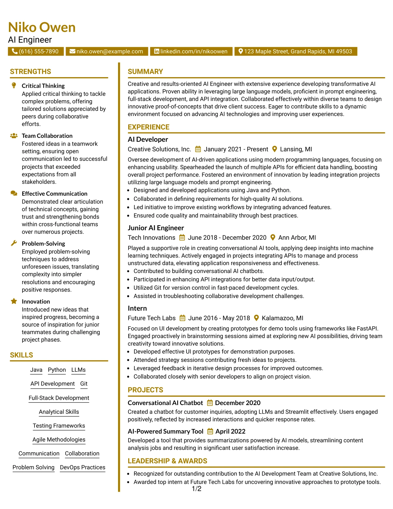 Resume Example Page 1