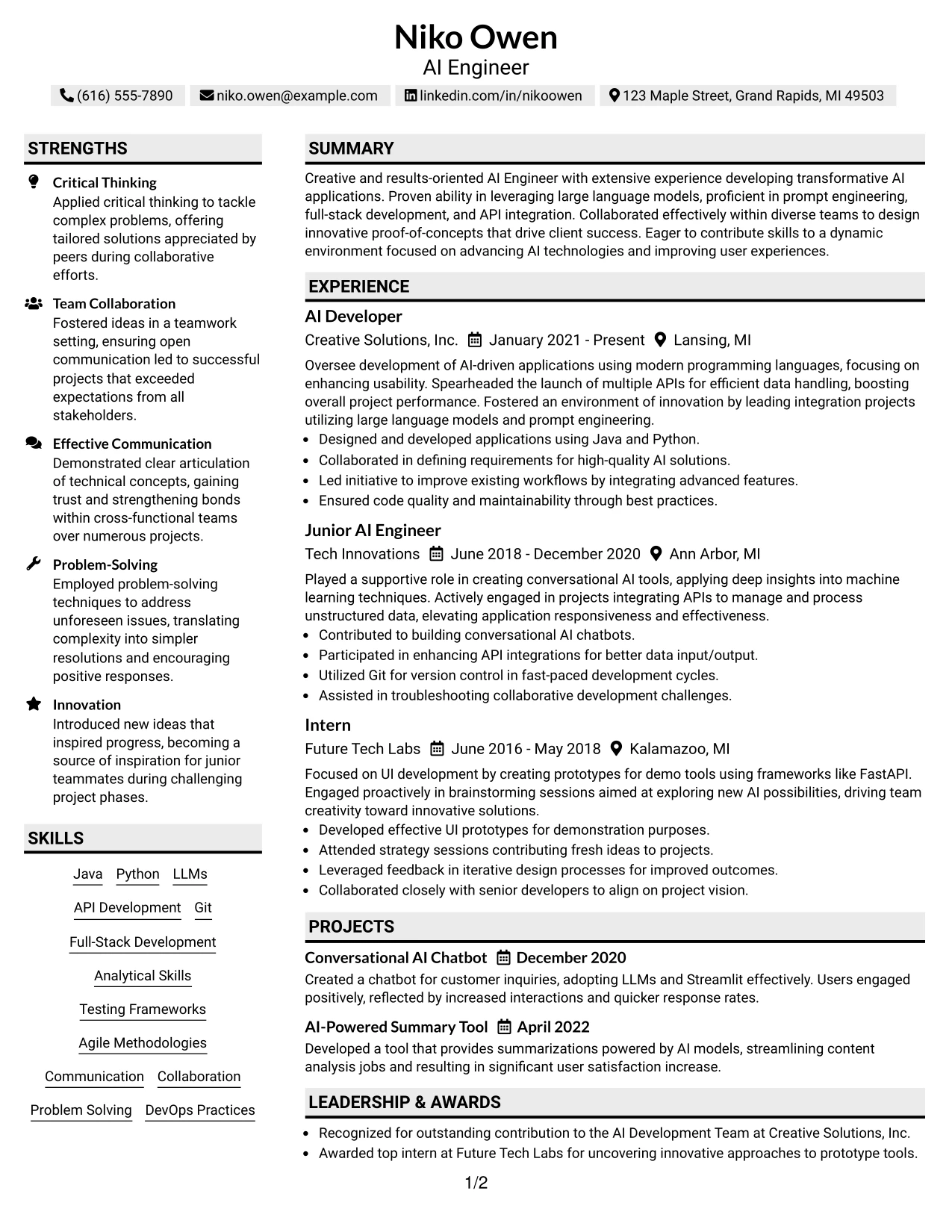 Resume Example Page 1