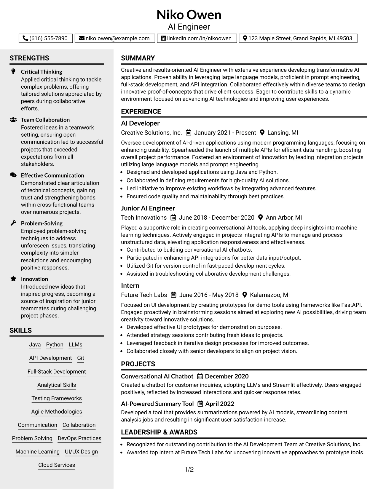 Resume Example Page 1
