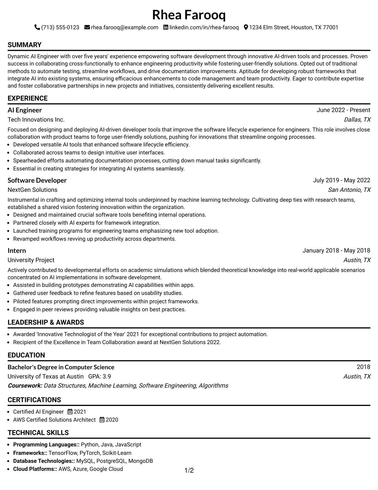 Resume Example Page 1