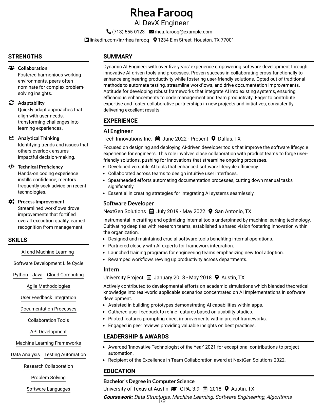 Resume Example Page 1