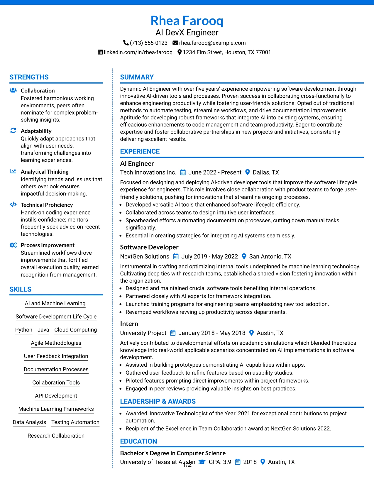 Resume Example Page 1