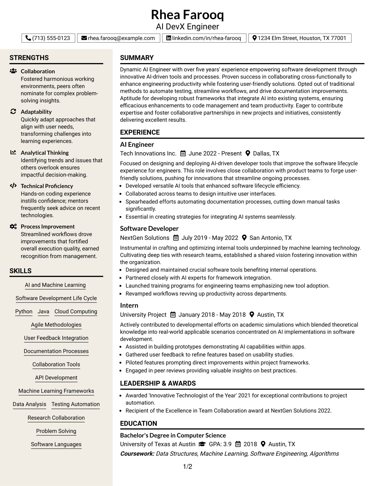 Resume Example Page 1