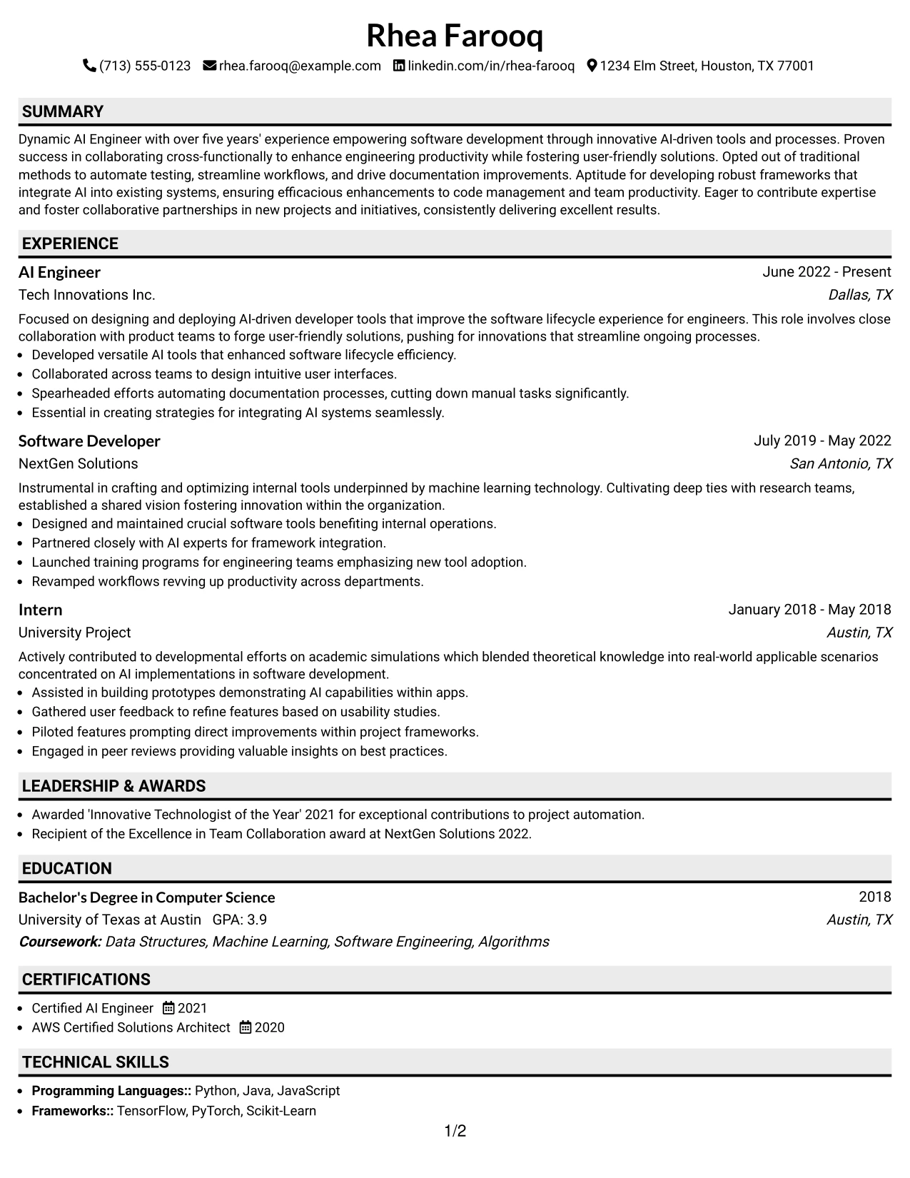 Resume Example Page 1