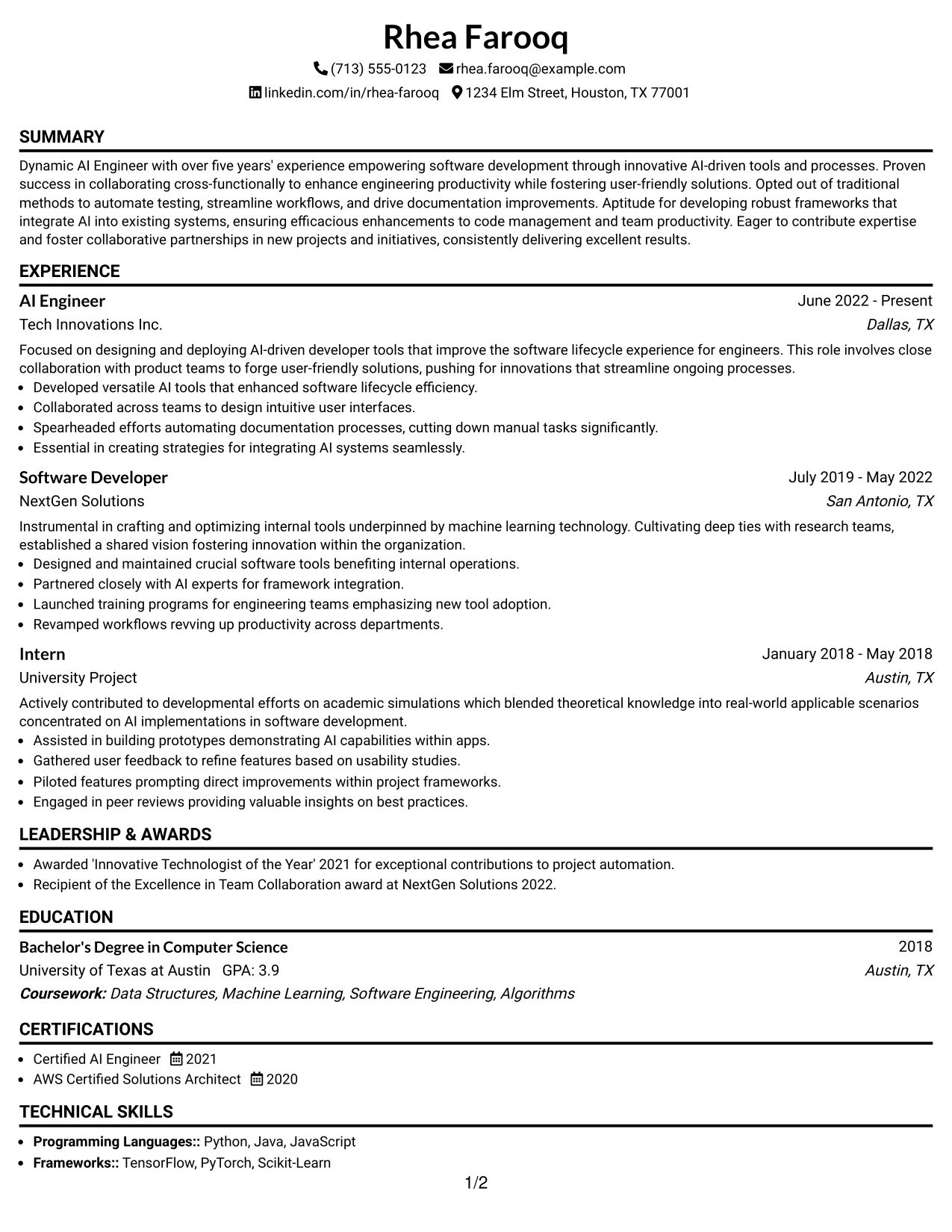 Resume Example Page 1