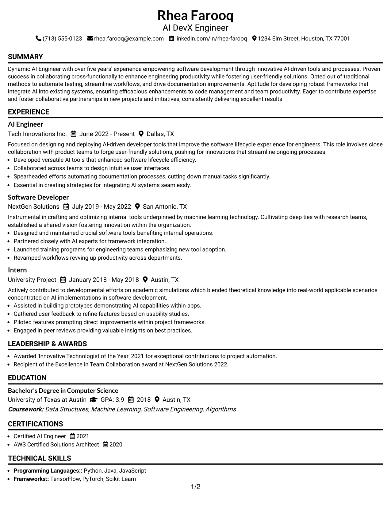 Resume Example Page 1