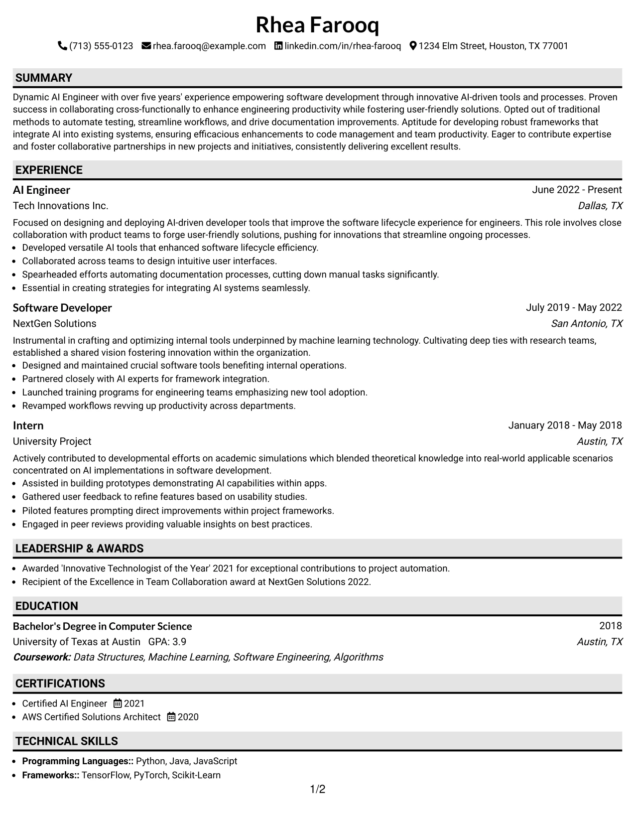 Resume Example Page 1