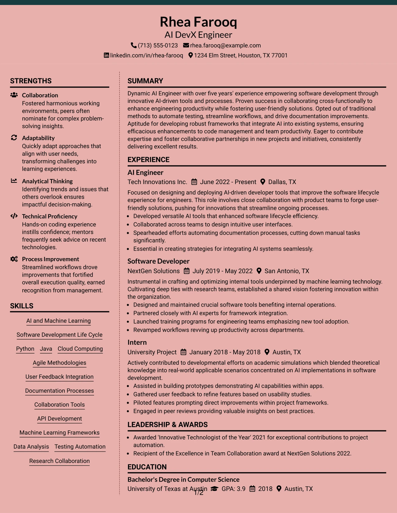Resume Example Page 1
