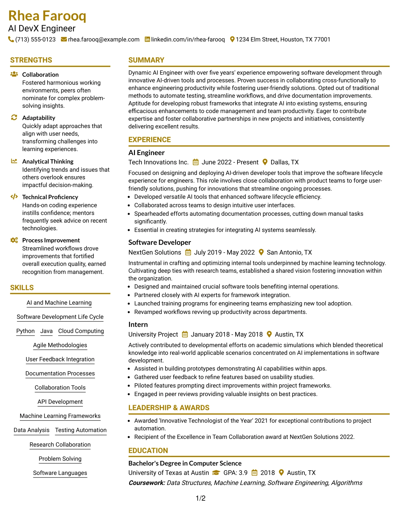 Resume Example Page 1