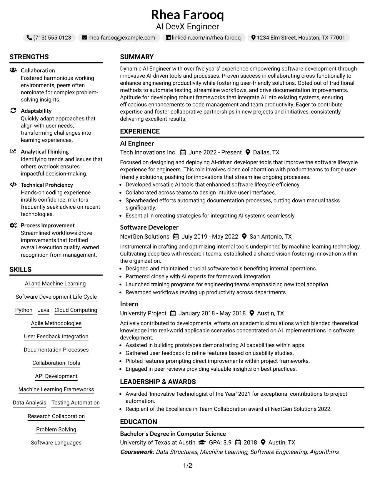 Resume Example Page 1