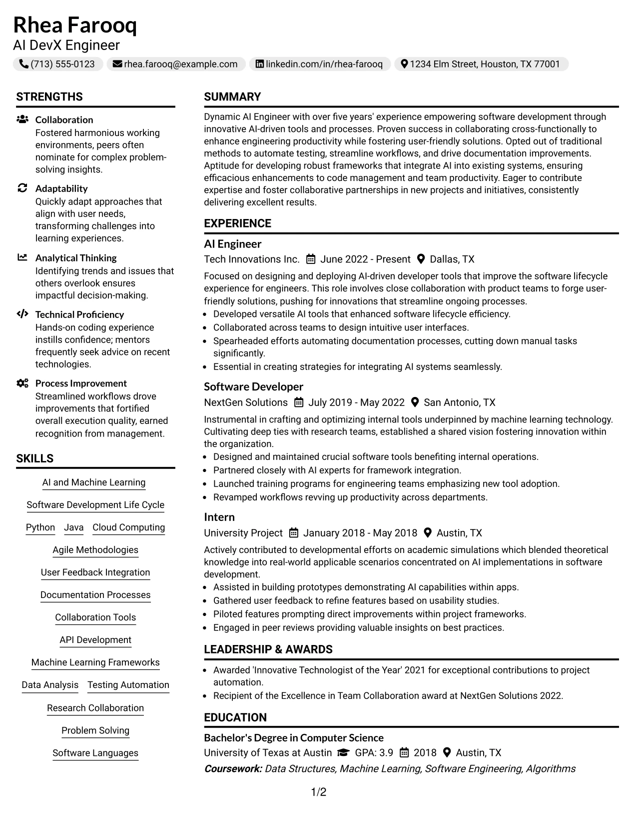 Resume Example Page 1