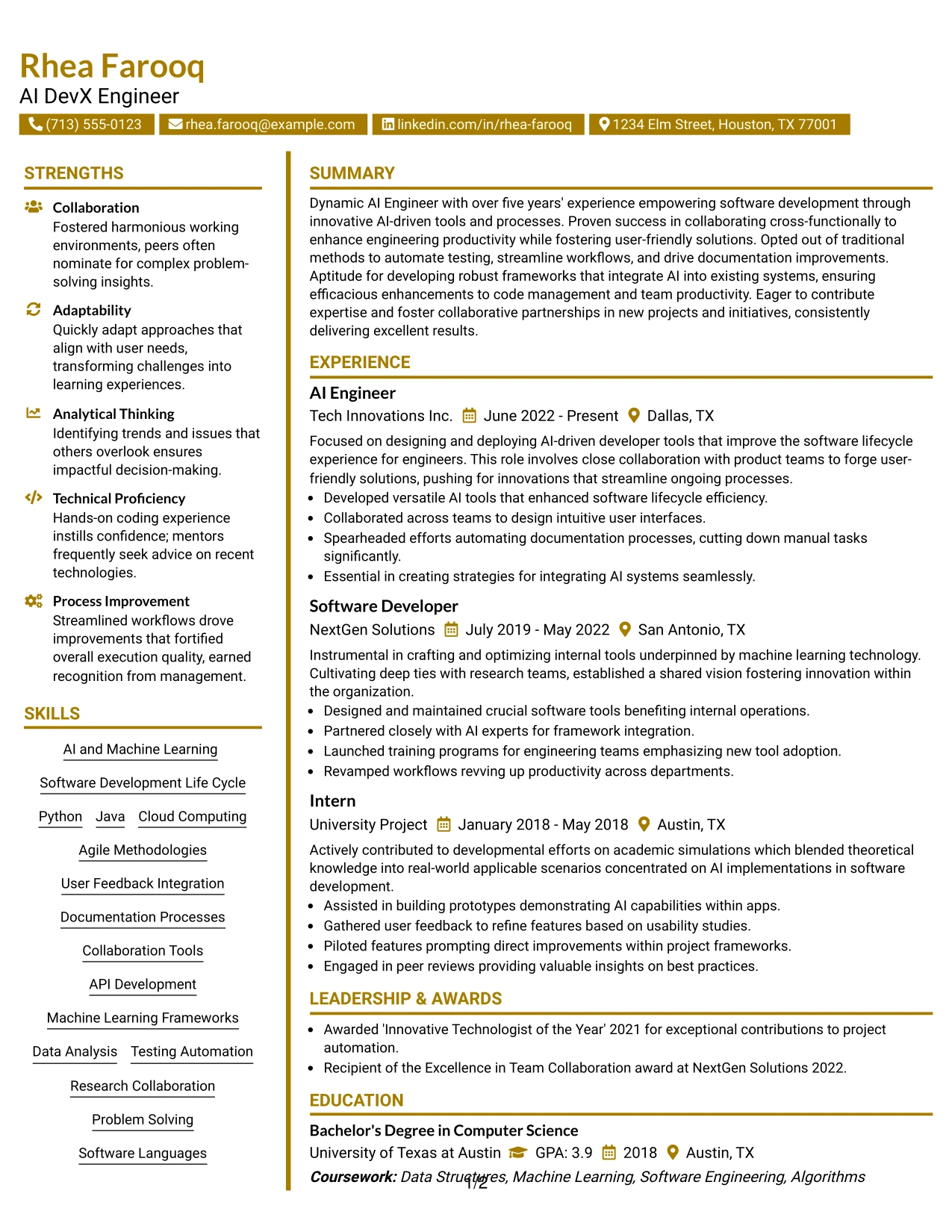 Resume Example Page 1