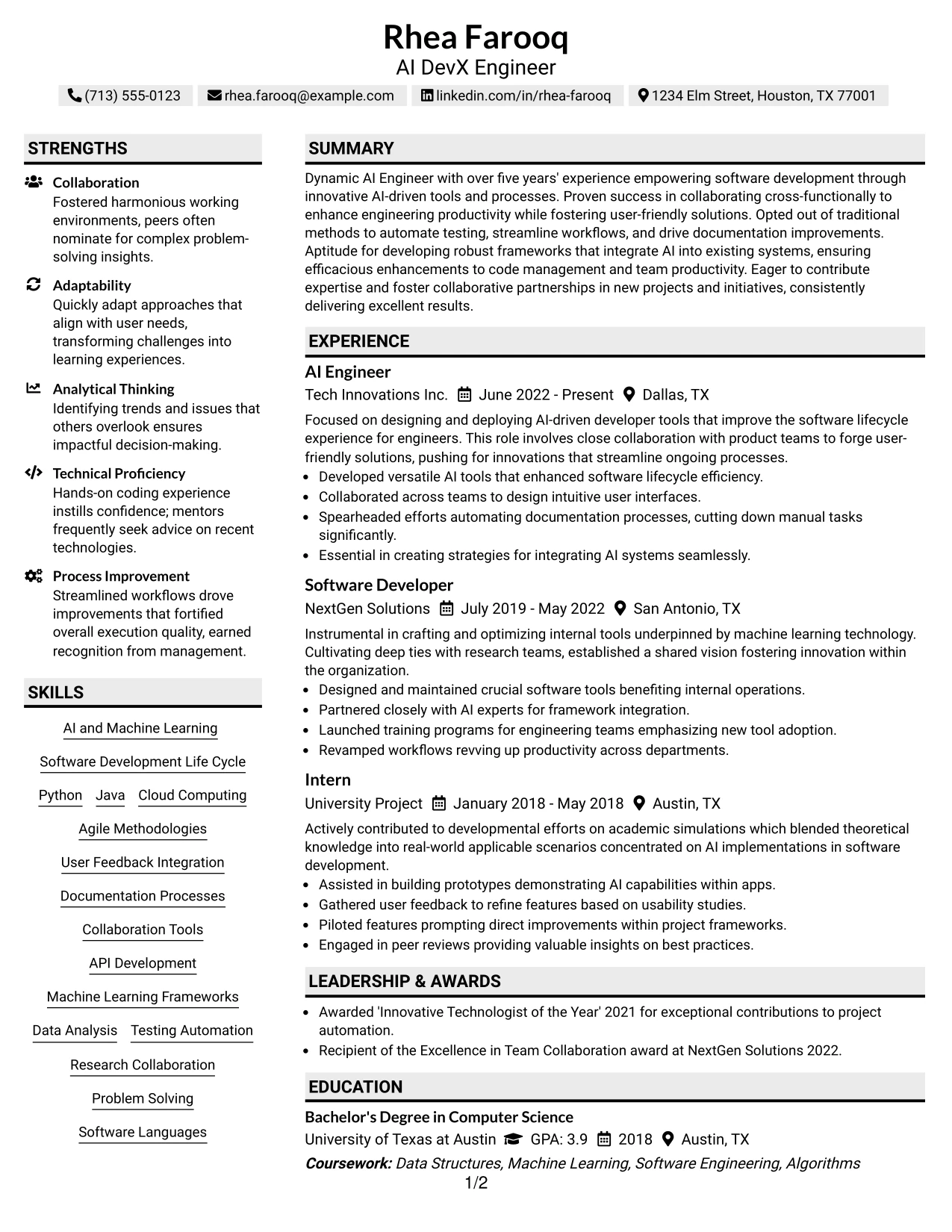 Resume Example Page 1