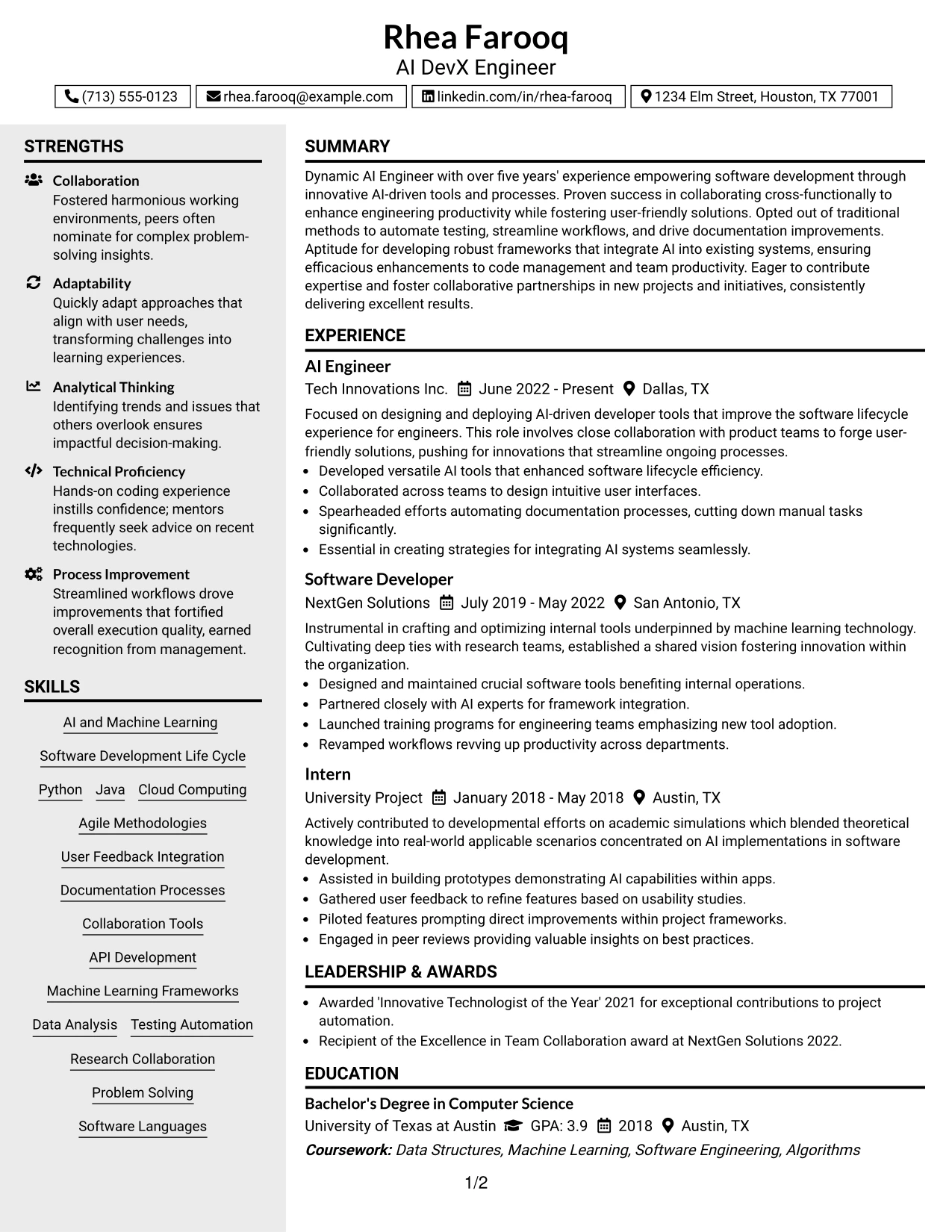 Resume Example Page 1