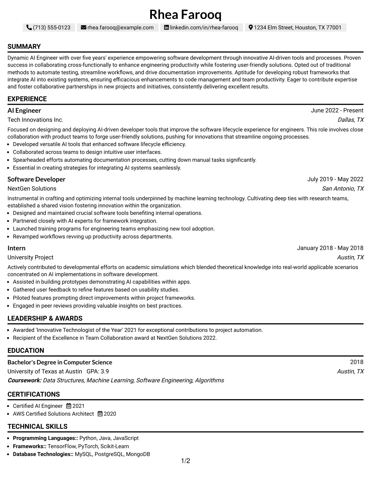 Resume Example Page 1