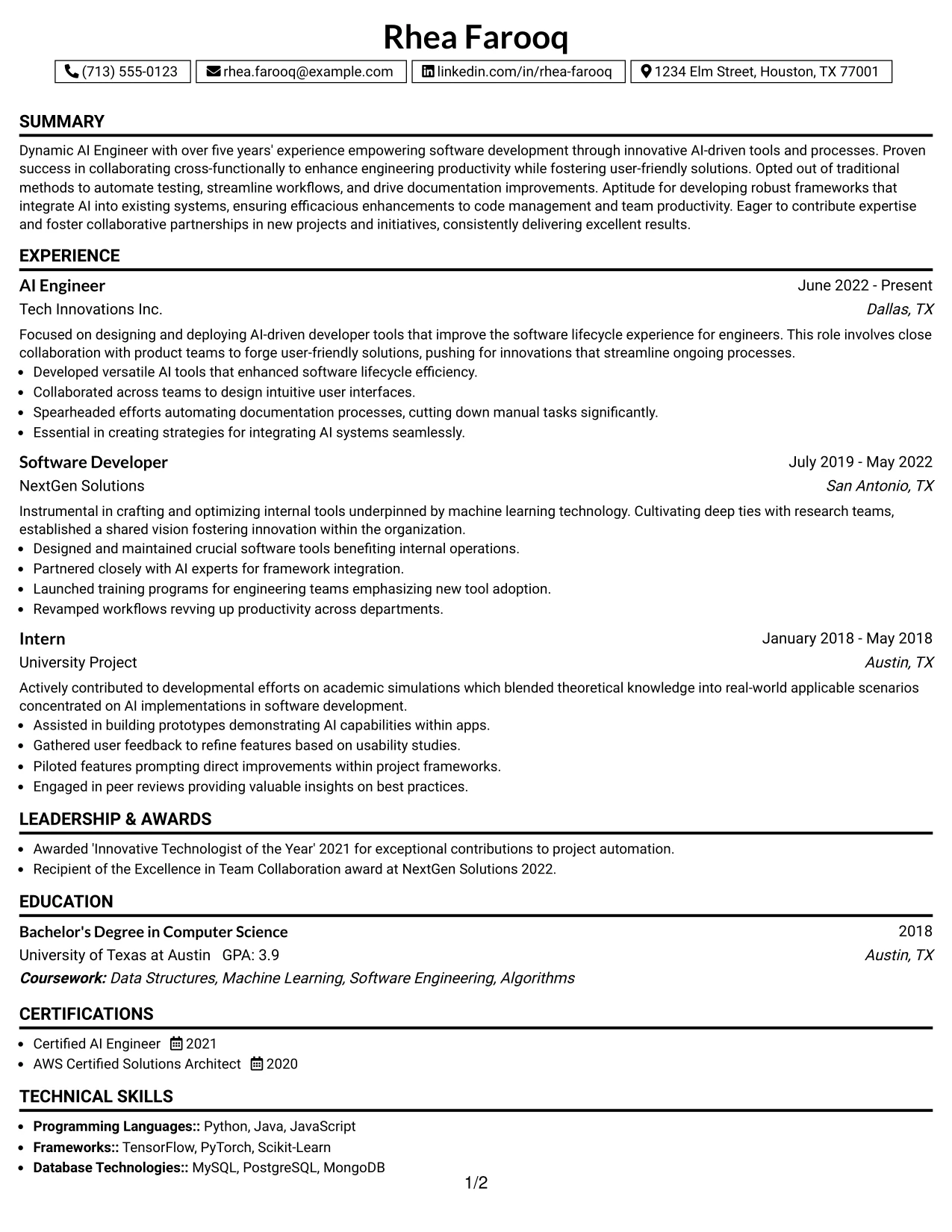 Resume Example Page 1