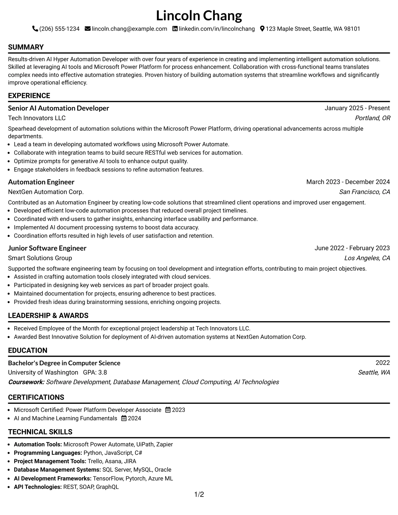 Resume Example Page 1